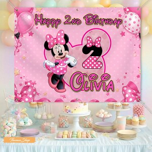 May include: A pink banner with Minnie Mouse, polka dots, and the text "Happy 2nd Birthday Olivia." The banner is part of a party scene with balloons, a cake, and various desserts. The overall theme is a children's birthday party.