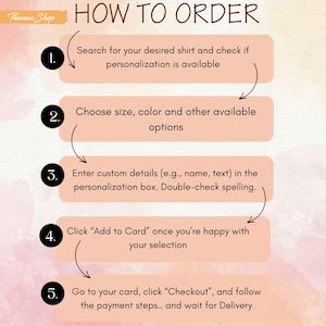 May include: An illustrated guide titled "HOW TO ORDER" with steps for purchasing a shirt. The steps include searching for a shirt, choosing options, entering details, adding to cart, and checking out. The background is a soft peach color.