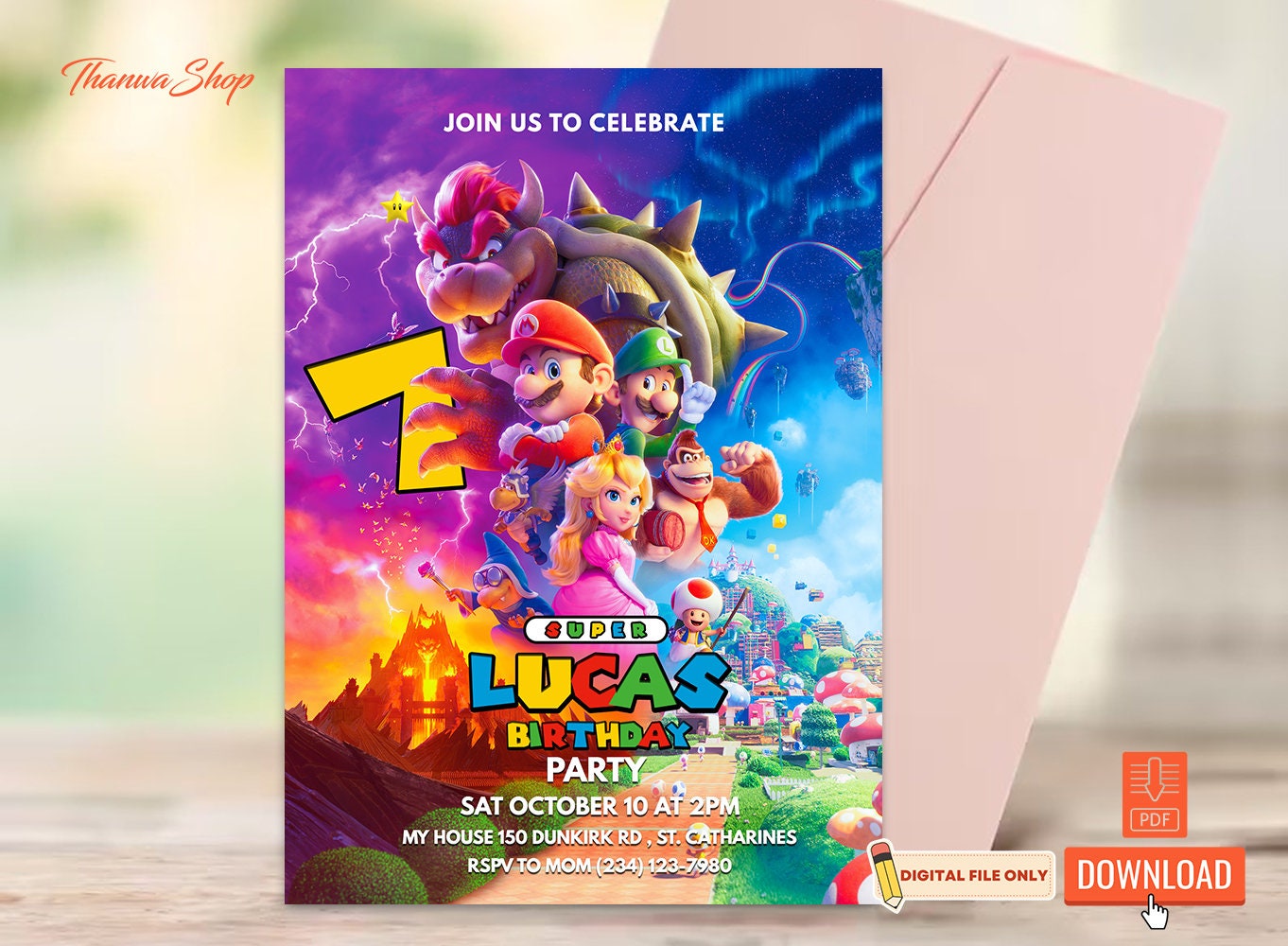 Super Mario Invitation Digital Download Thank You Card Etsy