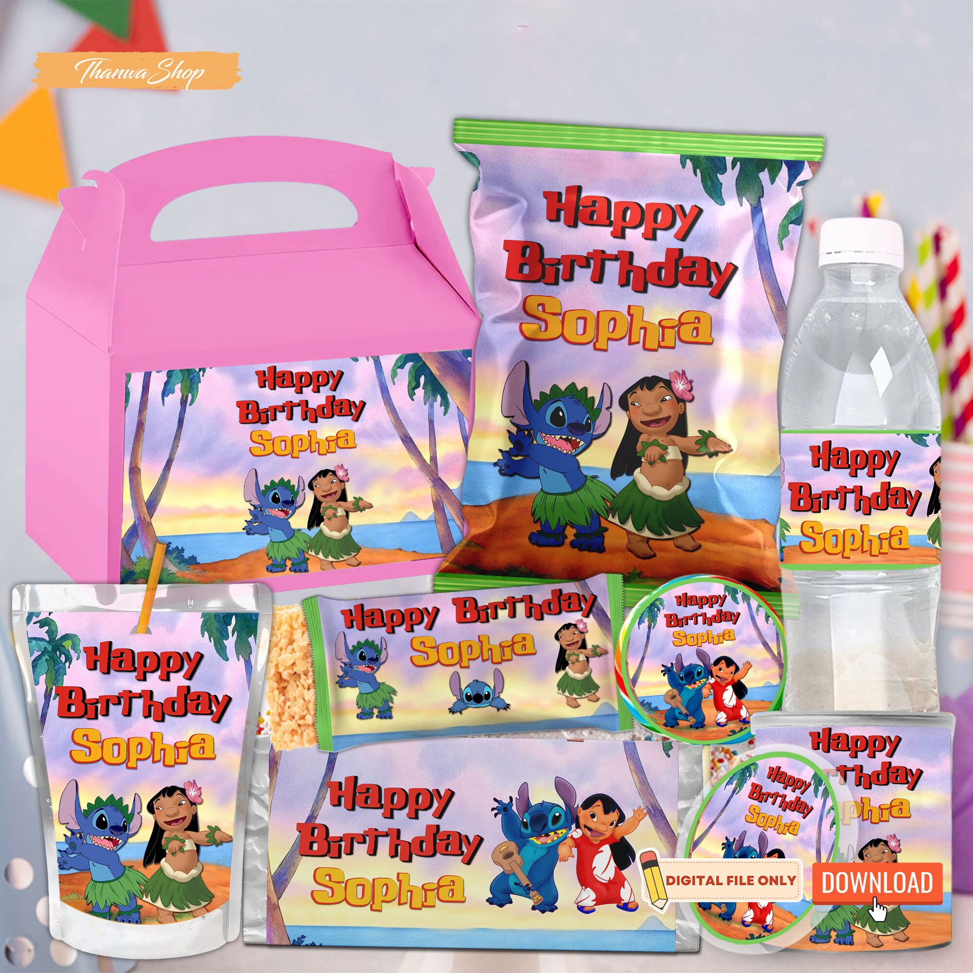 Printable Lilo and Stitch Party Supplies Bundle Kids, Custom Name Chip Bag Favor Lable Candy Wrapper  Lilo Stitch Package Digital File Only