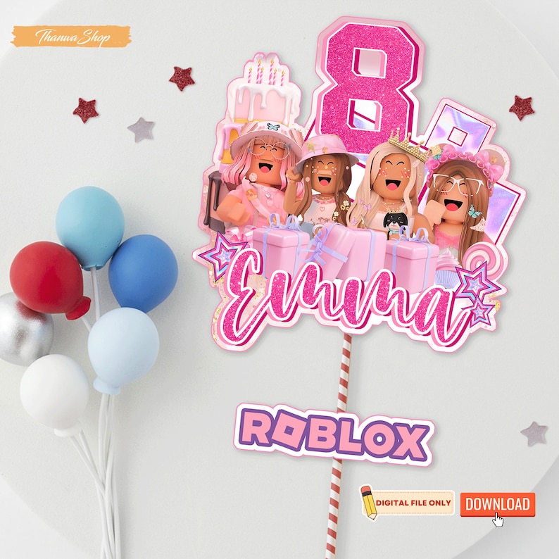 Peut inclure: Un topper de g&acirc;teau rose et blanc avec un chiffre 8 rose, quatre avatars Roblox et le nom "Emma" en lettres scintillantes roses. Le topper comprend &eacute;galement le mot "ROBLOX" en lettres roses et violettes.