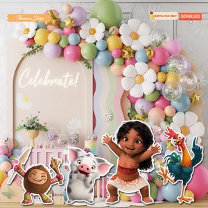 May include: A colorful party decoration set with a balloon arch, flowers, and character cutouts. The arch features pastel balloons, white flowers, and the word "Celebrate!". Character cutouts include a girl, pig, rooster, and two other figures.