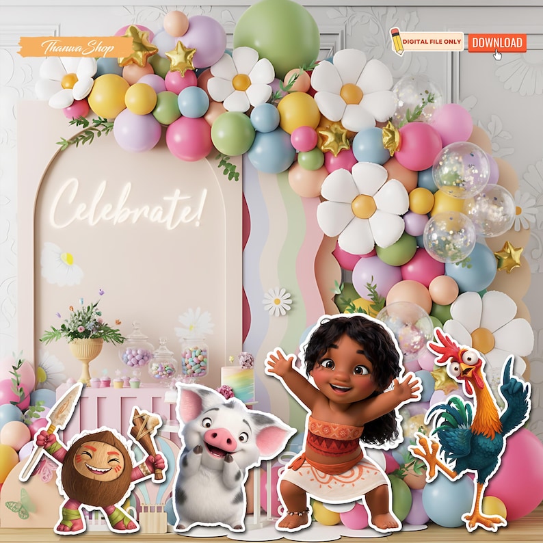 May include: A colorful party decoration set with a balloon arch, flowers, and character cutouts. The arch features pastel balloons, white flowers, and the word "Celebrate!". Character cutouts include a girl, pig, rooster, and two other figures.