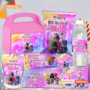Pacchetto di bomboniere per feste di compleanno a tema Trolls stampabili per bambini, decorazioni per cupcake con sacchetti di patatine e papavero Trolls personalizzati, file di confezioni di caramelle