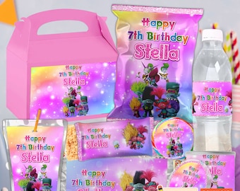 Printable Trolls Themed Birthday Party Favor Supplies Bundle Kids, Custom Trolls Poppy Chip Bag Cupcake Toppers Candy Wrapper Package File