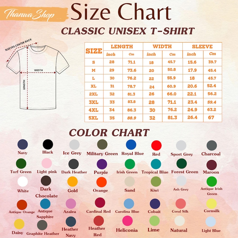 May include: Size and color chart for a classic unisex t-shirt. The chart includes measurements in inches for length, width, and sleeve, as well as a color palette with various options like navy, black, and red.