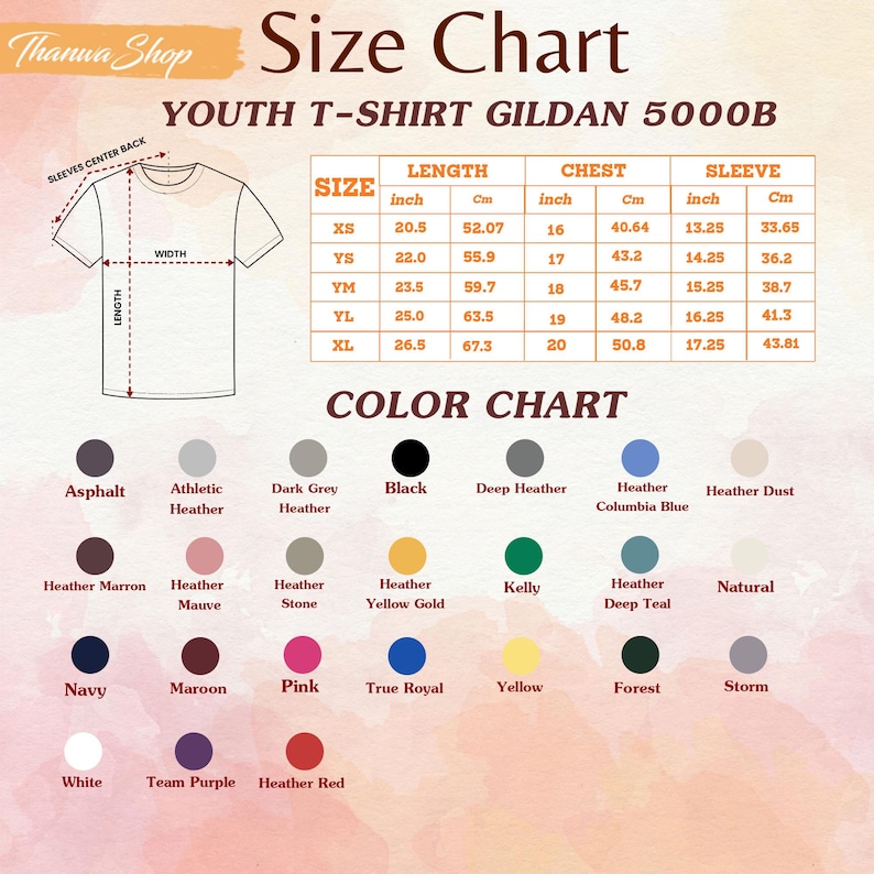 May include: A size and color chart for the Gildan 5000B youth t-shirt. The image includes a diagram showing measurement points for length, width, and sleeve, a table with imperial and metric dimensions, and a grid of 28 circular color swatches.