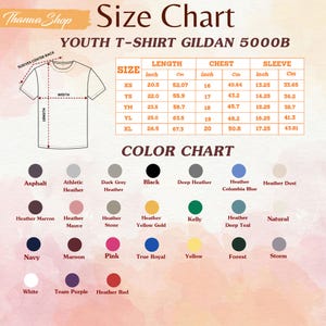 May include: Size and color chart for youth Gildan 5000B t-shirts. Includes measurements in inches for length, chest, and sleeve sizes XS to XL. Color options include Asphalt, Black, Pink, and more.
