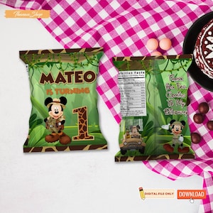 Printable Mickey Safari Birthday Chip Bags, Mickey Mouse Birthday Party Supplies for Kids Digital Download, Safari Party Print File