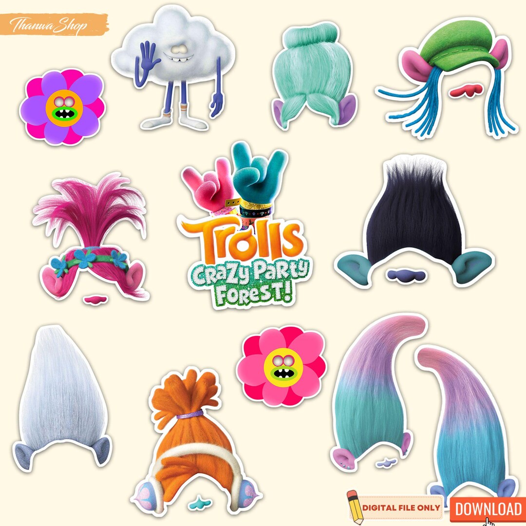 Printable Trolls Characters for Kids Photo Booth Props, Trolls Birthday Party Booth Props ...