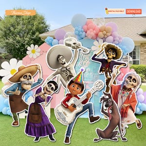May include: A colorful outdoor scene featuring cutouts of characters from the movie Coco, including Miguel playing a guitar, surrounded by balloons and decorative elements. The image includes the text "DIGITAL FILE ONLY" and "DOWNLOAD".