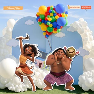 May include: A digital file featuring cartoon characters, a colorful balloon arrangement, and a blue backdrop. The characters include a woman in a tan and brown outfit, a muscular man in purple shorts, and a small furry creature. The background includes white clouds and balloons.