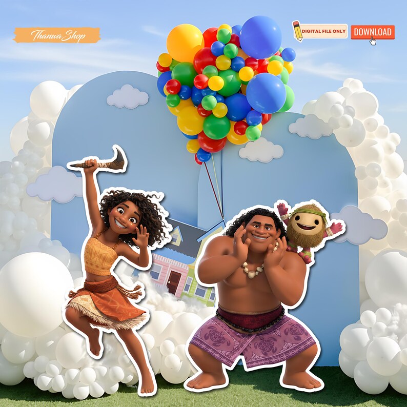 May include: A digital file featuring cartoon characters, a colorful balloon arrangement, and a blue backdrop. The characters include a woman in a tan and brown outfit, a muscular man in purple shorts, and a small furry creature. The background includes white clouds and balloons.