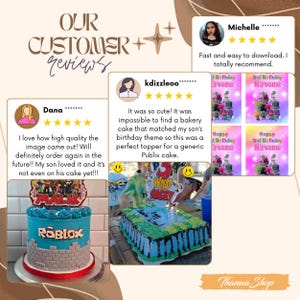 May include: Image showcasing customer reviews for a shop. The reviews highlight the quality of the images and the ease of download. The image also features two birthday cakes with toppers, one with a Roblox theme and the other with a Wild & Sagey theme.