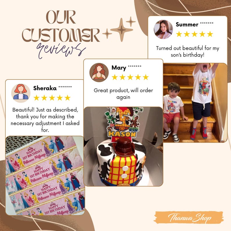 May include: Image featuring customer reviews and a birthday cake. The cake is decorated with a cowboy theme, including a hat and a cowhide pattern. The reviews highlight the product's quality and customer satisfaction.