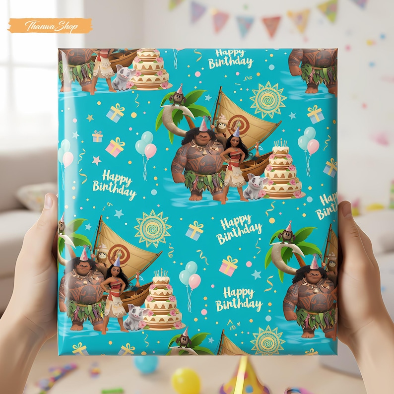 May include: A turquoise wrapping paper featuring a birthday theme with cartoon characters, cakes, and the text "Happy Birthday." The design includes images of a boat, a monkey, and a cat.