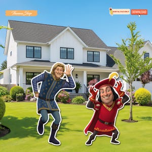 Pu&ograve; includere: Due decorazioni da giardino con personaggi dei cartoni animati su un prato verde davanti a una casa bianca. Un personaggio indossa un abito blu e oro, l'altro un abito rosso. Le parole "DIGITAL FILE ONLY" e "DOWNLOAD" sono visibili.