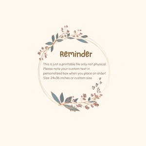 Peut inclure: Un fichier imprimable avec un motif de couronne florale et le texte "Reminder: This is just a printable file only not physical. Please note your custom text in personalized box when you place an order! Size: 24x36 inches or custom size."