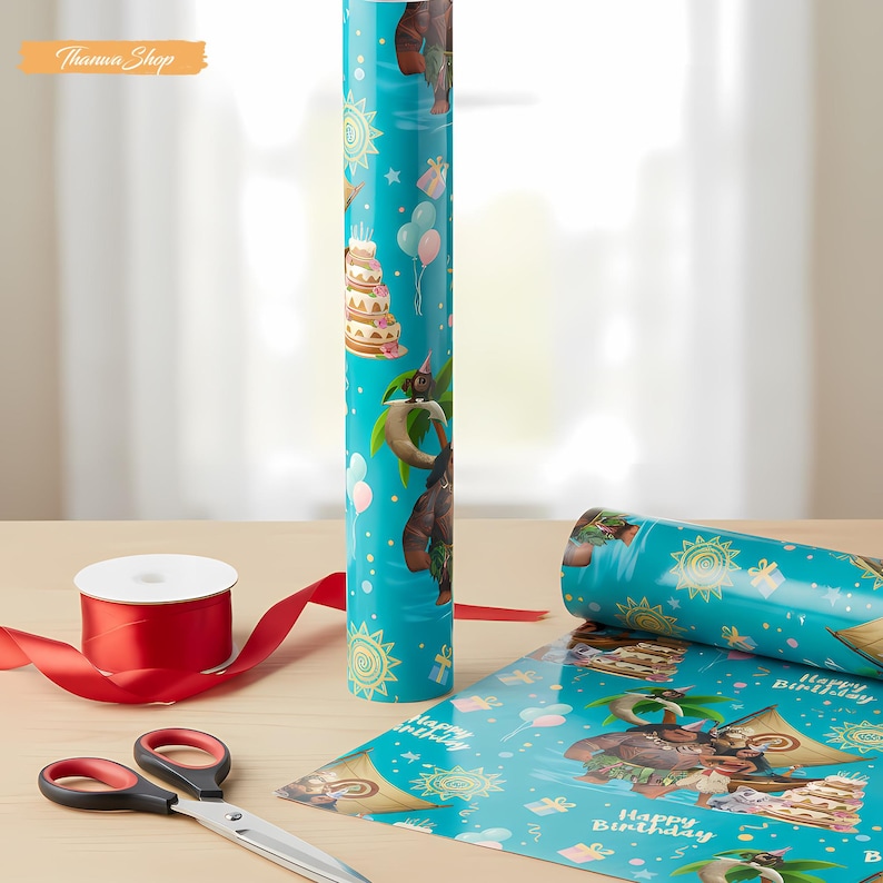 May include: A roll of turquoise birthday wrapping paper featuring a cartoon character, cake, balloons, and the words "Happy Birthday." A roll of red ribbon, scissors, and a partially unrolled sheet are also visible.
