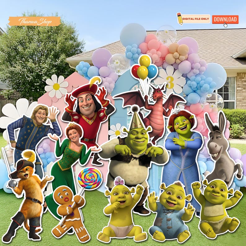 Pu&ograve; includere: Una collezione di decorazioni per feste a tema Shrek, tra cui sagome dei personaggi di Shrek, Fiona, Ciuchino e altri. La scena &egrave; allestita con un arco di palloncini dai colori pastello e sagome di margherite. Le parole "DIGITAL FILE ONLY" e "DOWNLOAD" sono visibili.