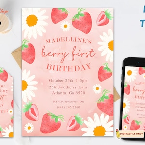 Strawberry First Birthday Girl, My Berry First Birthday Invitations, Berry First Invitation, Berry Party Invite, Strawberry Invitation