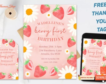 Strawberry First Birthday Girl, My Berry First Birthday Invitations, Berry First Invitation, Berry Party Invite, Strawberry Invitation