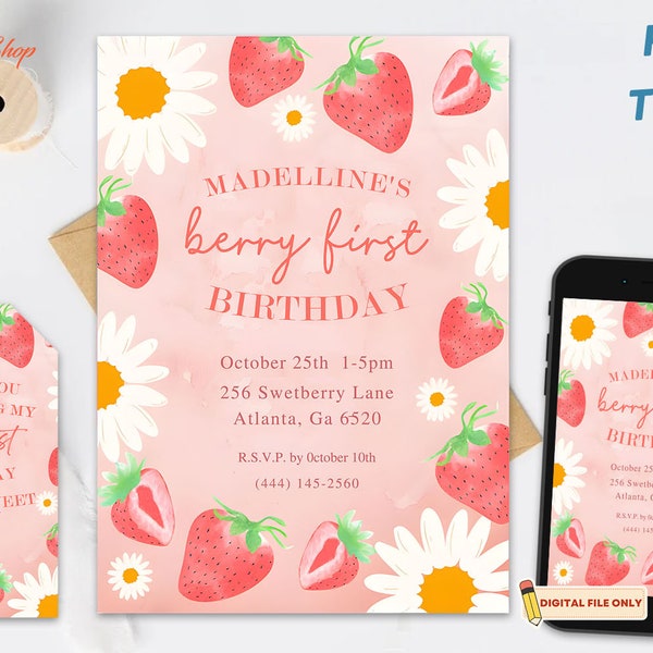 Strawberry First Birthday Girl, My Berry First Birthday Invitations, Berry First Invitation, Berry Party Invite, Strawberry Invitation