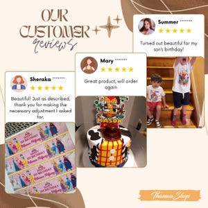 May include: Image featuring customer reviews and a birthday cake. The cake is decorated with a cowboy theme, including a hat and a cow-print design. The image also shows a banner with a princess theme.