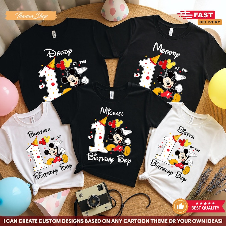 Mickey Mouse Birthday Shirt, 1st Birthday Outfit, Custom Name and Age Shirt Gift, Kids Birthday Party Tee, Matching Family Vacation
