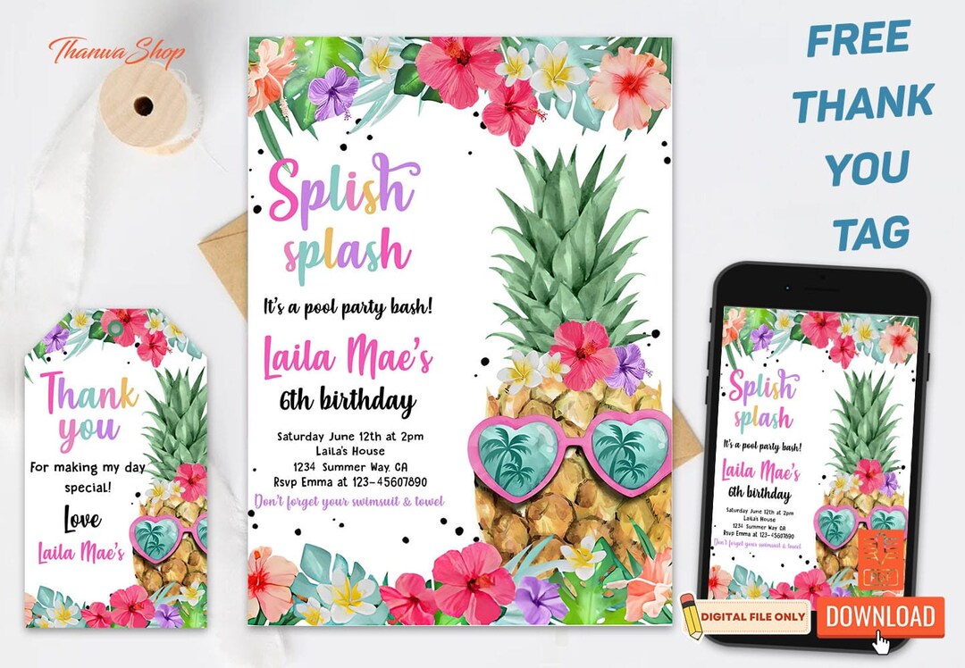Editable Aloha Birthday Invitation Template, Beach Birthday Party