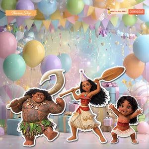May include: Colorful birthday party decorations featuring cutouts of characters from the animated movie Moana. The scene includes balloons, streamers, and gift boxes, creating a festive atmosphere. The image includes the text "DIGITAL FILE ONLY" and "DOWNLOAD".