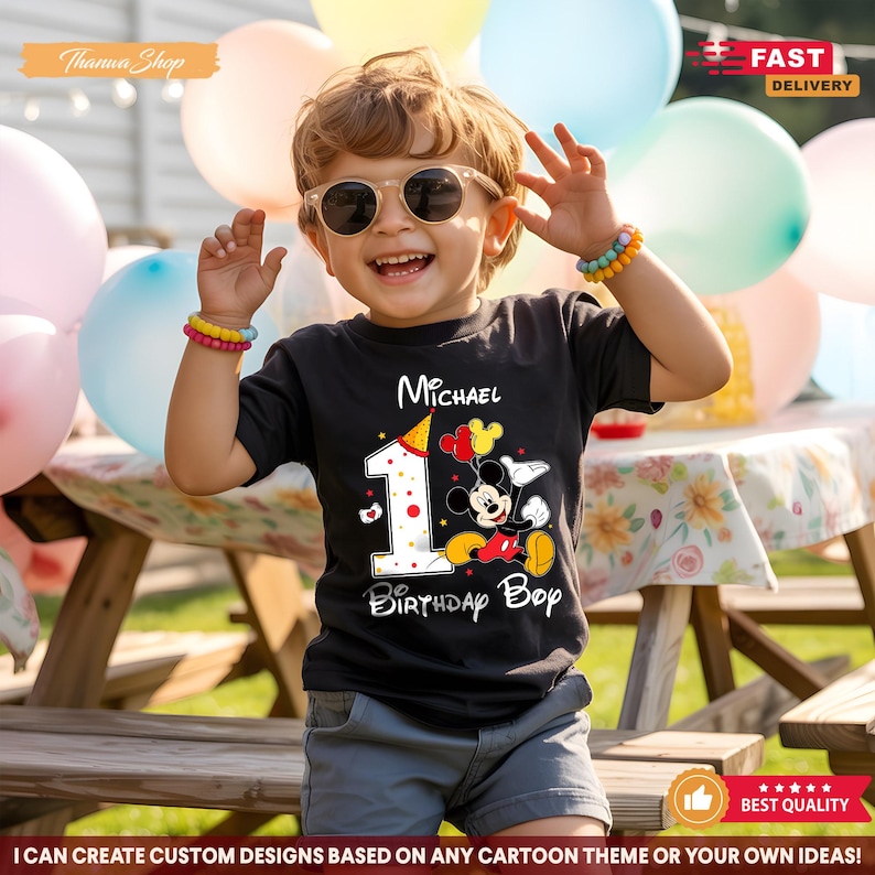 Mickey Mouse Birthday Shirt, 1st Birthday Outfit, Custom Name and Age Shirt Gift, Kids Birthday Party Tee, Matching Family Vacation