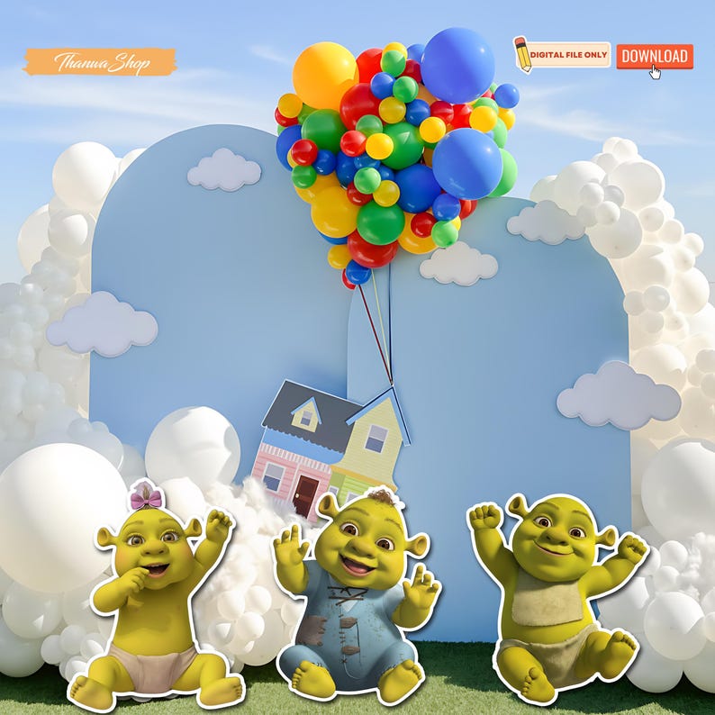 Pu&ograve; includere: Una scena stravagante con tre personaggi di Shrek, una casa e un gruppo di palloncini colorati. I palloncini, nelle tonalit&agrave; di giallo, rosso, blu e verde, sembrano sollevare la casa. Lo sfondo &egrave; azzurro chiaro con nuvole e palloncini bianchi. L'immagine contiene il testo "DIGITAL FILE ONLY" e "DOWNLOAD".