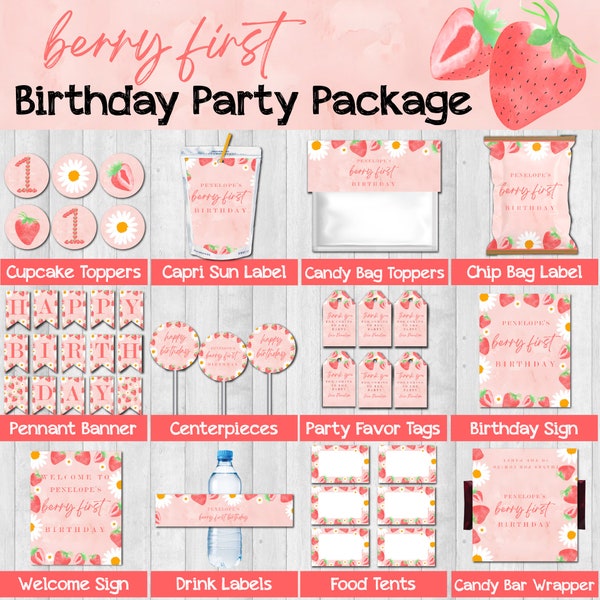 My Berry First Birthday, Printable Berry Birthday Decorations, Strawberry Party, Berry First Birthday Bundle, Berry First Birthday Party