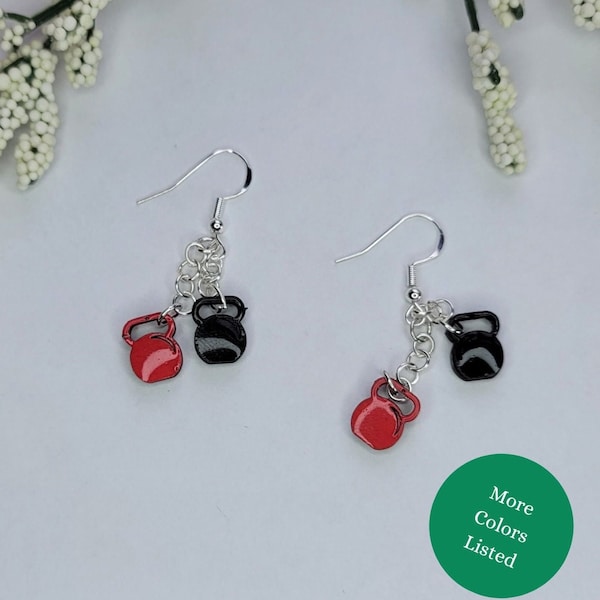 Mini Kettlebell Wood Cut Dangle Earrings | Fitness Jewelry in Red, Black, or Grey