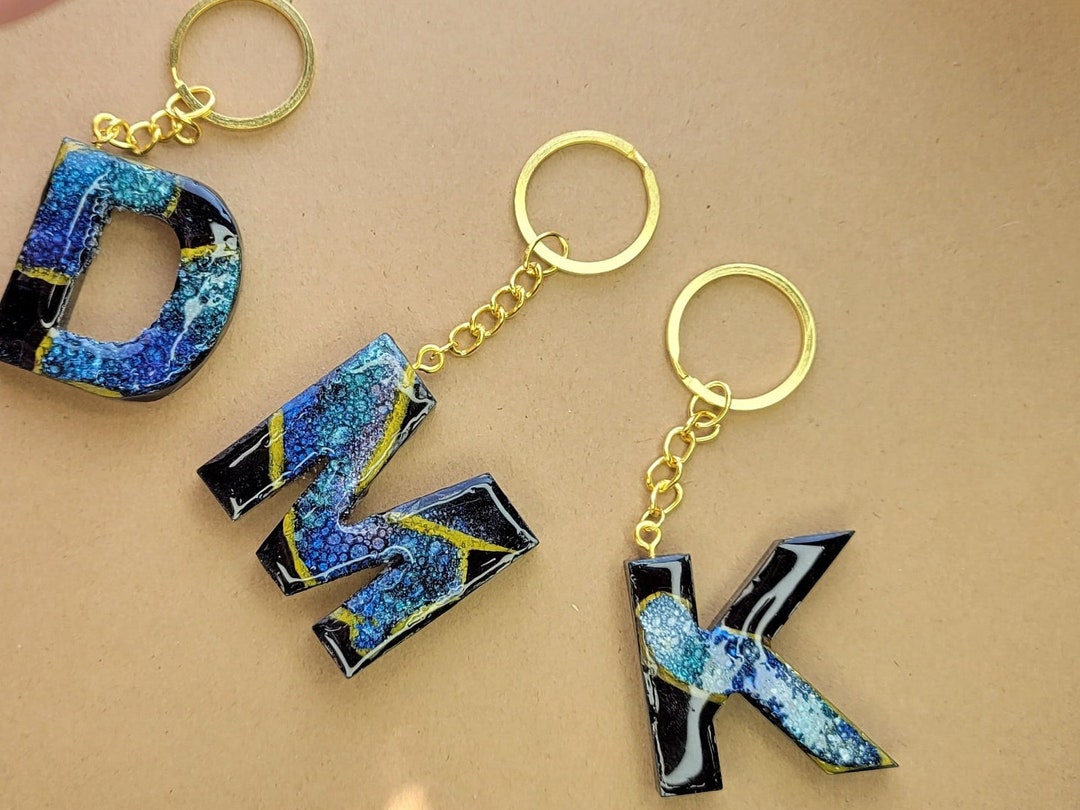 Black, Gold and Blue Bubble Custom Initial Keychain Personalized Letter ...