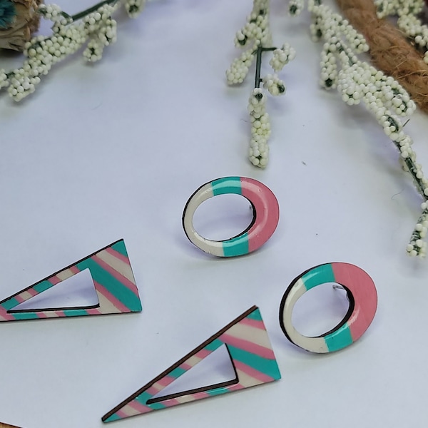 Retro Earrings Set - 80s & 90s Inspired Colors - Wood Circle and Triangle Design