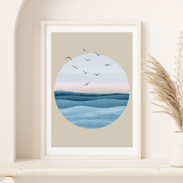 Mid Century modern Art Print, Bild Kinderzimmer, A3 und A4, boho Kunstdruck, Meer, Atlantik Ocean