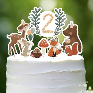 Waldtiere Cake Topper personalisierbar Woodland Party Dekoration 2. Geburtstag Cake Topper Waldtiere Bär Fuchs  Eichhörnchen Hase Igel Pilz