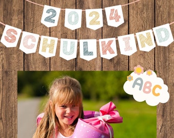 Ghirlanda per bambini in età scolare per il ritorno a scuola, iscrizione alla scuola, decorazione per la festa, iscrizione per ragazzi e ragazze, iscrizione all'arcobaleno, decorazione per la tavola, ghirlanda di gagliardetti