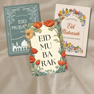 Eid Mubarak Karten 3er Set Ramadan Karten Happy Eid Karte Moschee Eid Postkarte Blumen botanische Eid Karte Eid Geschenk Grußkarte Erdtöne
