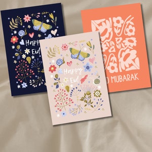 Eid Mubarak Karten 3er Set Ramadan Karten Happy Eid Karte Moschee Eid Postkarte Blumen botanische Eid Karte Eid Geschenk Grußkarte Erdtöne