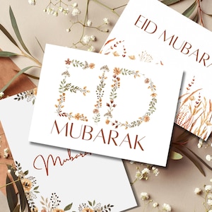 Eid Mubarak Karten 3er Set Ramadan Karten Happy Eid Karte Moschee Eid Postkarte Blumen botanische Eid Karte Eid Geschenk Grußkarte Erdtöne