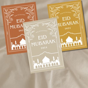 Eid Mubarak Karten 3er Set Ramadan Karten Happy Eid Karte Moschee Eid Postkarte Blumen botanische Eid Karte Eid Geschenk Grußkarte Erdtöne
