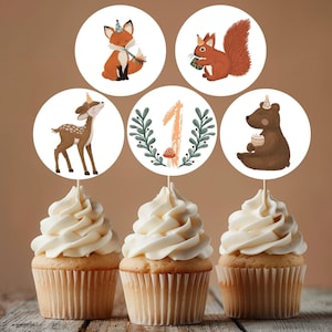 Waldtiere Muffin Topper Waldtiere Geburtstag Dekoration woodland Muffin Topper woodland cupcakes 1. Geburtstag Bär Wald Fuchs Igel Reh Hase