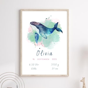 Geburtsposter personalisiert Wal Mädchen Namensposter personalisiert nautisch Poster Name Geschenk Geburt babyshower Mädchen geschenk Bild