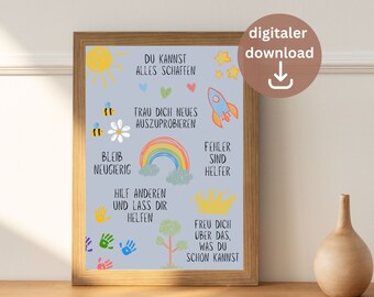 May include: A motivational poster with a blue background and colorful illustrations. The poster features text in German, including "Du kannst alles schaffen" (You can achieve anything), "Bleib neugierig" (Stay curious), and "Fehler sind Helfer" (Mistakes are helpers).