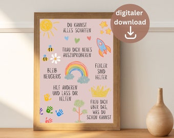 May include: A pink printable poster with motivational messages for children, including "You can do everything", "Trust yourself to try new things", "Stay curious", "Help others and let them help you", "Mistakes are helpers", and "Be happy about what you can already do".