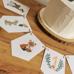 Waldtiere Wimpelgirlande personalisierbar Woodland Girlande mit Jahreszahl Waldtiere  Geburtstag Deko Bär Fuchs Reh Eichhörnchen Hase Igel