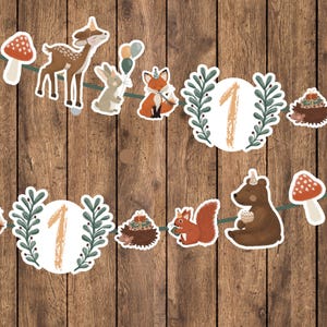 Waldtiere Girlande personalisierbar 1. Geburtstag Woodland Girlande mit Jahreszahl Waldtiere Geburtstag Deko Bär Fuchs Reh Eichhörnchen Hase